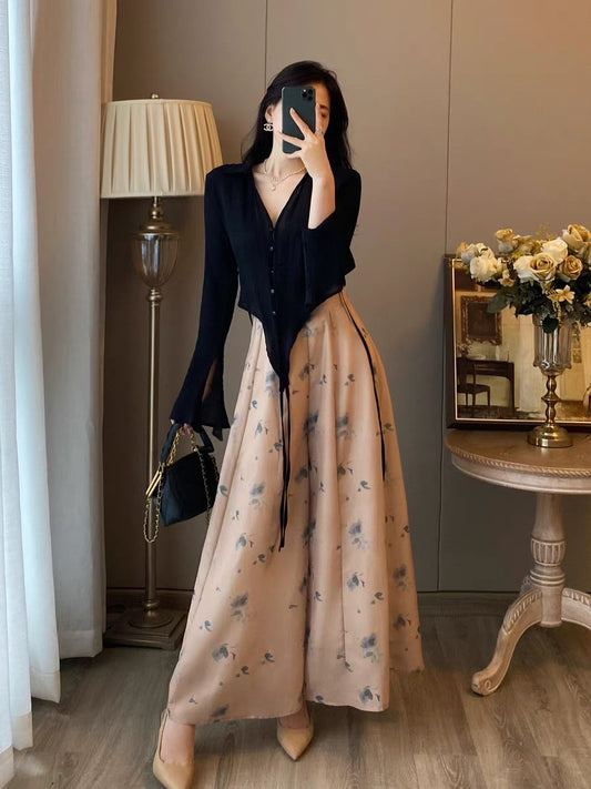 Two-piece suit women's autumn clothes new western style fashionable French retro bottoming velvet dress temperament slim long skirt
