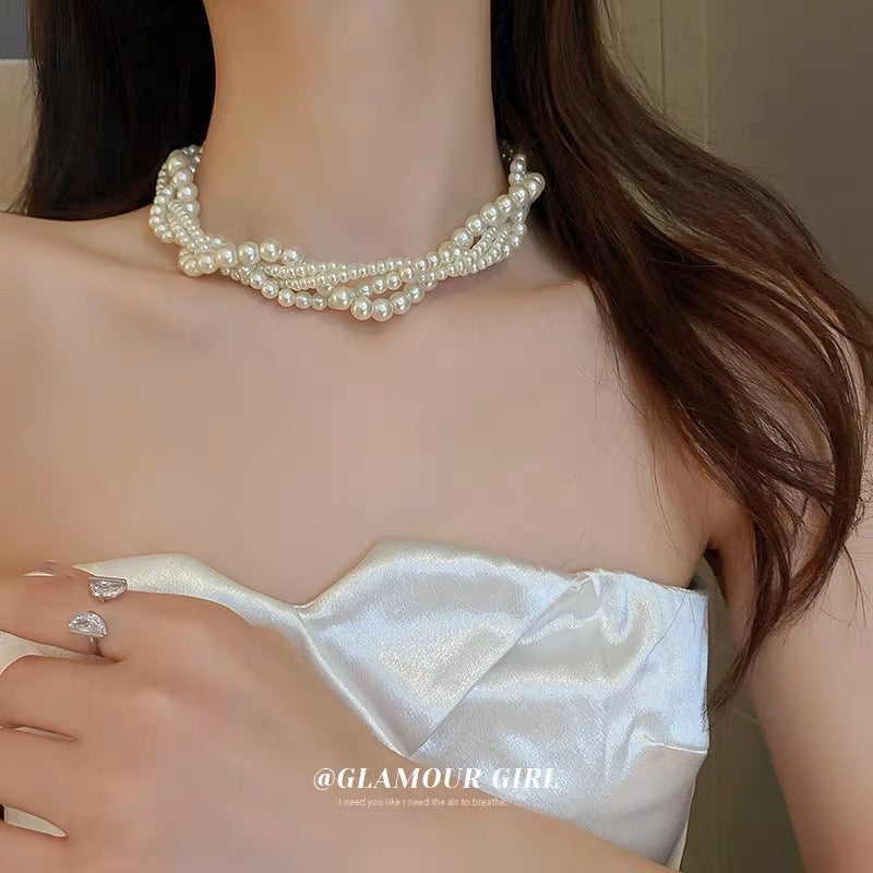 French retro pearl multi-layer necklace fashion personality temperament neck chain clavicle chain design sense twist winding necklace