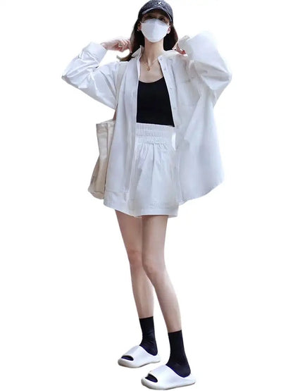 Cool wind white shirt suit women 2023 summer new fashion high-end sense wear casual shorts two-piece set