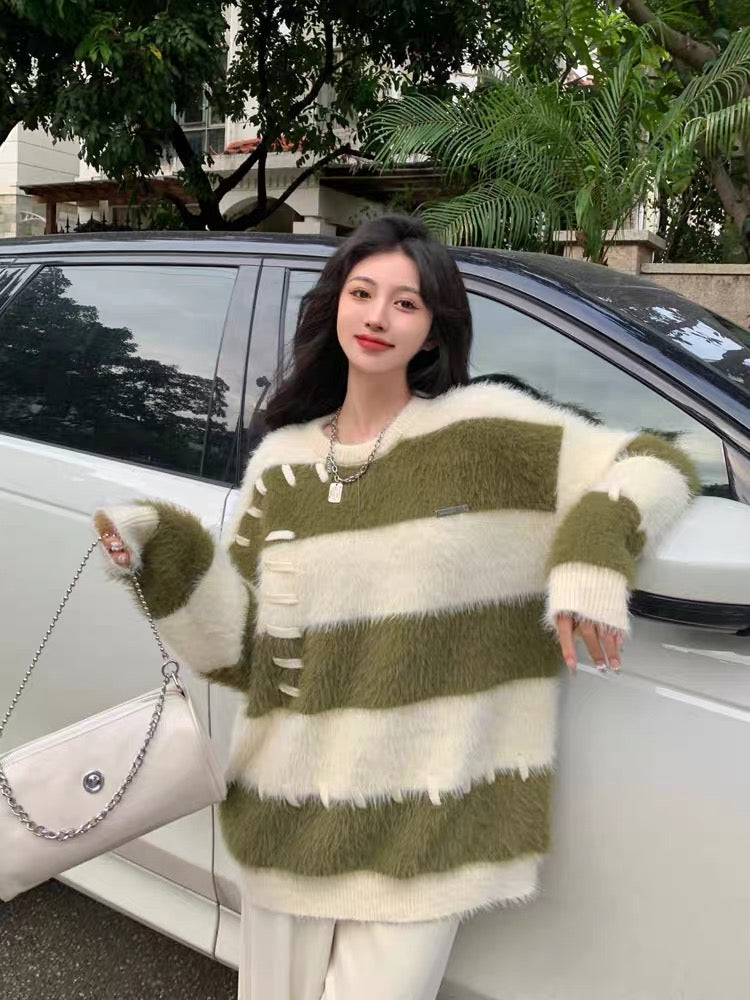 Lazy design plush knitted sweater top 2023 autumn and winter women's pullover thickened mink velvet striped sweater