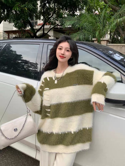 Lazy design plush knitted sweater top 2023 autumn and winter women's pullover thickened mink velvet striped sweater
