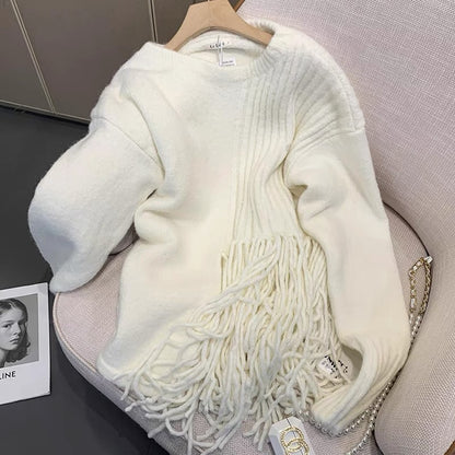 Korean style lazy style white round neck sweater for women autumn and winter design niche fashionable personality tassel sweater top