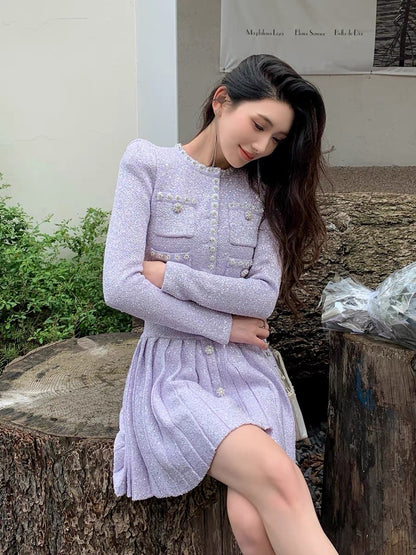 Autumn clothing is paired with a set of French gentle commuting purple sequined cardigan pleated skirt suit the same style as female stars