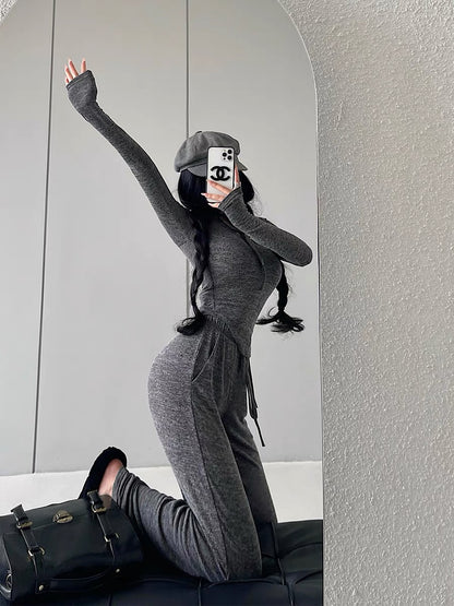 YoungGirlDay pure lust style slim-fitting long-sleeved T-shirt high-waisted drawstring casual pants floor-length trousers suit (B1812)