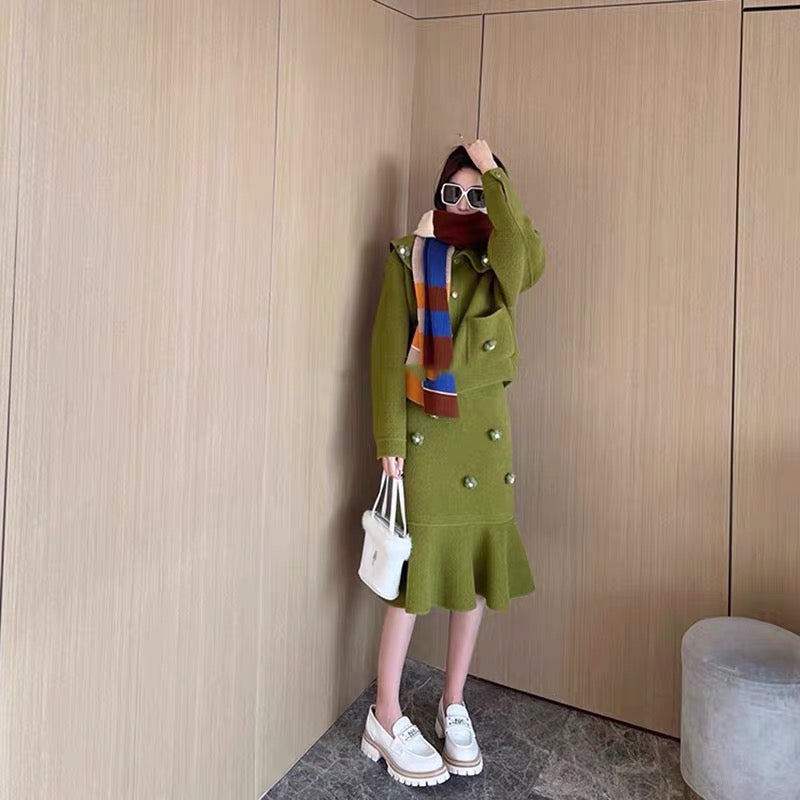 Cream woolen coat, cashmere double-sided woolen suit, fishtail skirt suit, light luxury dress, women's autumn and winter clothing