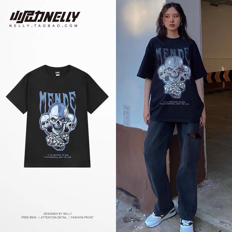 Skull ins Japanese street style round neck printed short-sleeved T-shirt men's trendy brand loose casual cotton five-quarter sleeve TEE