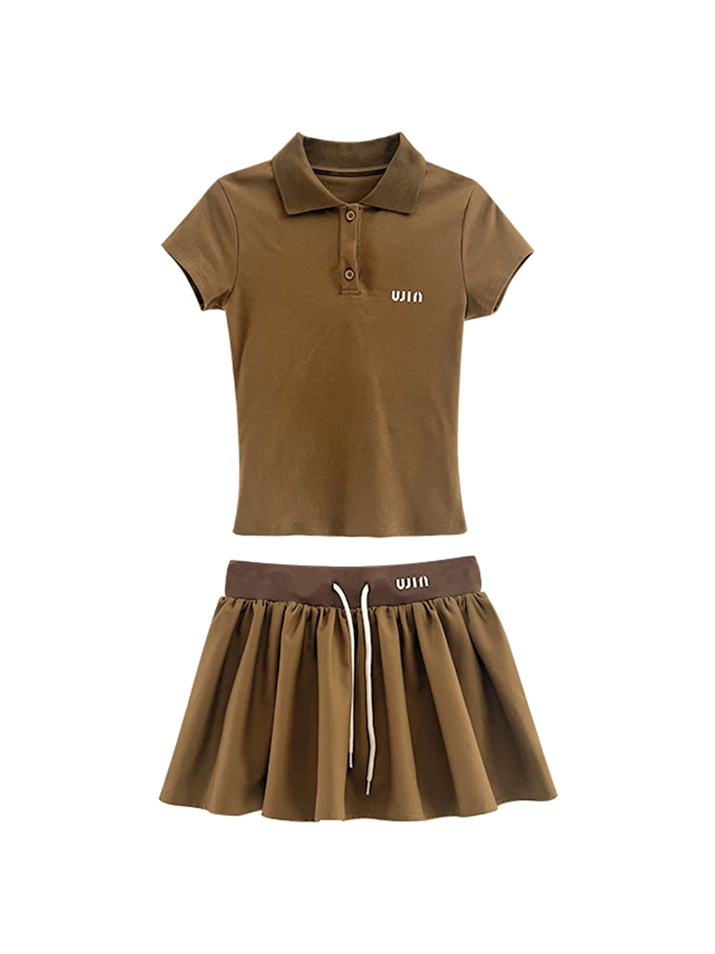 Rebellious college style · contrast color high waist sports style skirt + short sleeve POLO collar slim T-shirt top two-piece set