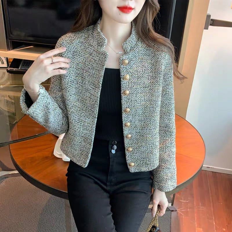 Woolen coat women's autumn and winter 2023 new high-end fashion stand-up collar single-breasted long-sleeved cardigan petite top