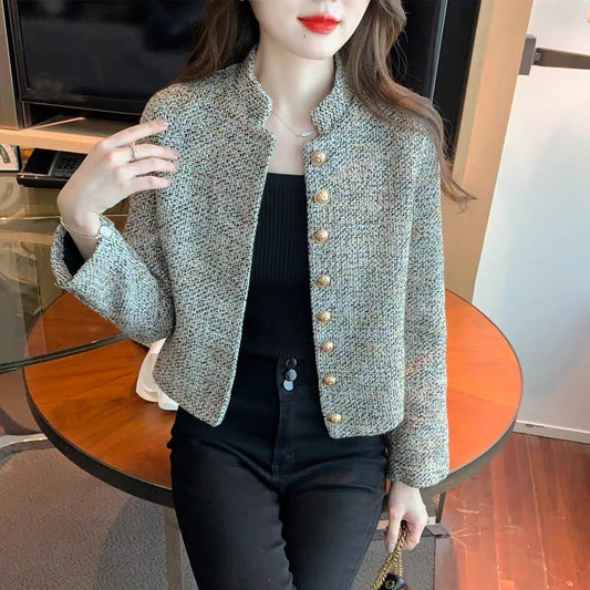 Woolen coat women's autumn and winter 2023 new high-end fashion stand-up collar single-breasted long-sleeved cardigan petite top