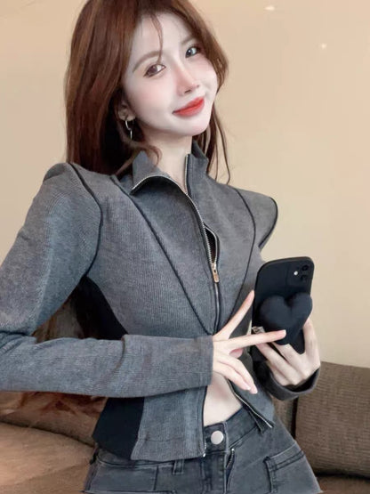 Autumn sweet and cool stand-up collar short long-sleeved double zipper design t-shirt cardigan women's slim and versatile coat top