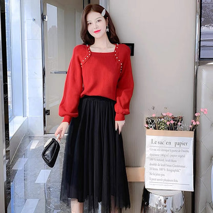 lolita with coat knitted dress women's autumn and winter new temperament goddess style sweater mesh skirt two-piece set