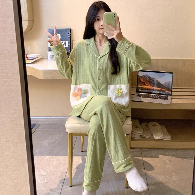 Pajamas women summer cardigan long-sleeved trousers suit summer ladies 2024 new cartoon spring autumn winter home clothes