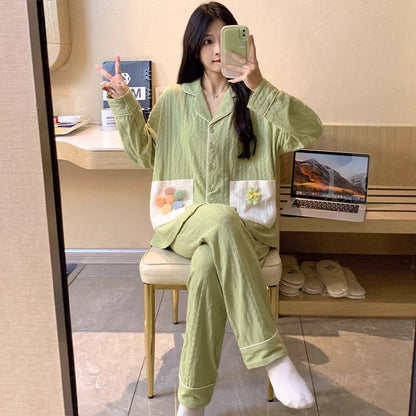 Pajamas women summer cardigan long-sleeved trousers suit summer ladies 2024 new cartoon spring autumn winter home clothes
