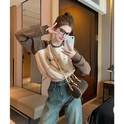 Retro caramel color round neck sweatshirt for women 2023 new popular spring and autumn design heavy industry diamond short top trendy (B6910)