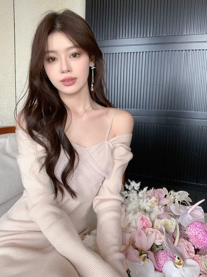 ByYou autumn and winter fairy mesh splicing pink knitted dress mid-length waist slimming skirt