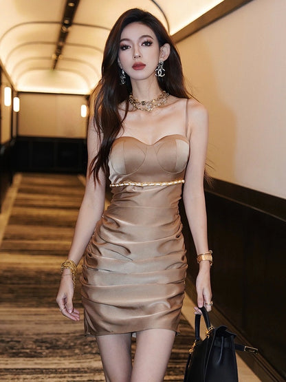 HBE Shui Ge gilded flashing coffee color satin with chest pads to close waist bag hip tight suspender dress female summer