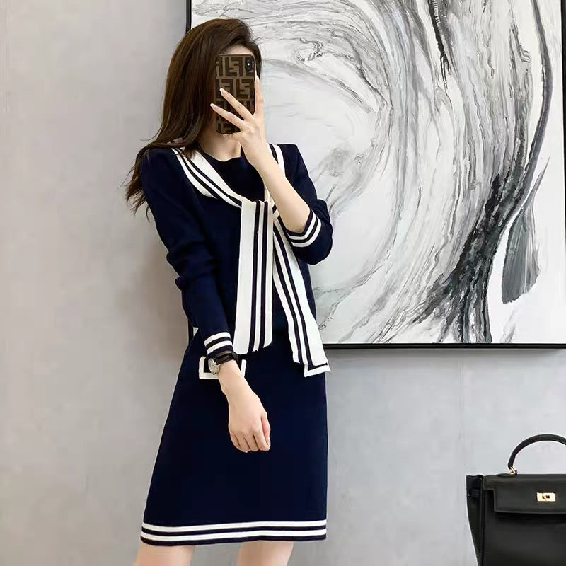Small suit skirt women's new 2023 autumn and winter long-sleeved navy style sweater knitted two-piece suit skirt