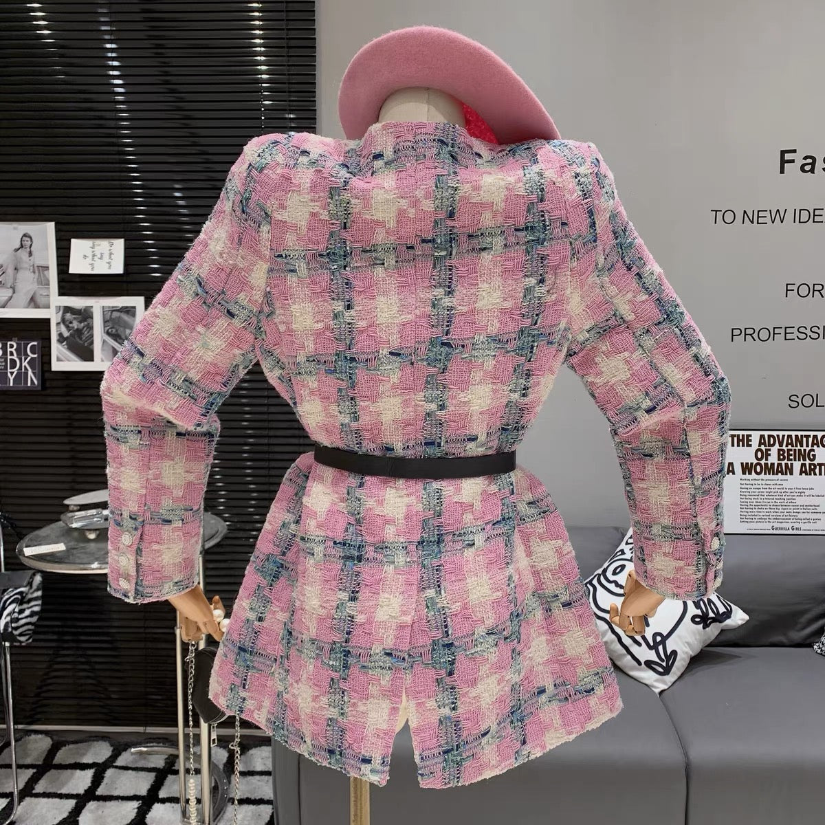 Gentle style ladylike high-end exquisite pink plaid woven small fragrance French V-neck loose long-sleeved jacket T7970