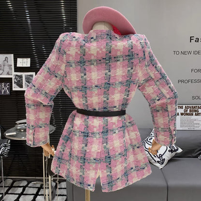 Gentle style ladylike high-end exquisite pink plaid woven small fragrance French V-neck loose long-sleeved jacket T7970