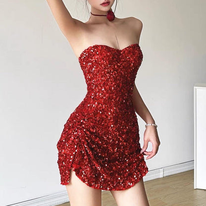 Weird girl, abstinent niche homemade sequined tube top dress with white temperament, slim fit and hip-hugging skirt