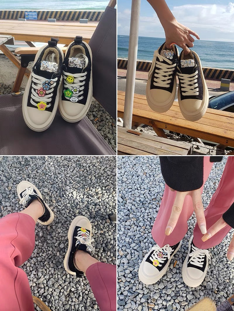 Genuine leather top version!  Zhao Lusi's same style foreshaddw tweed muffin thick-soled canvas small white sneakers for women (S0123)