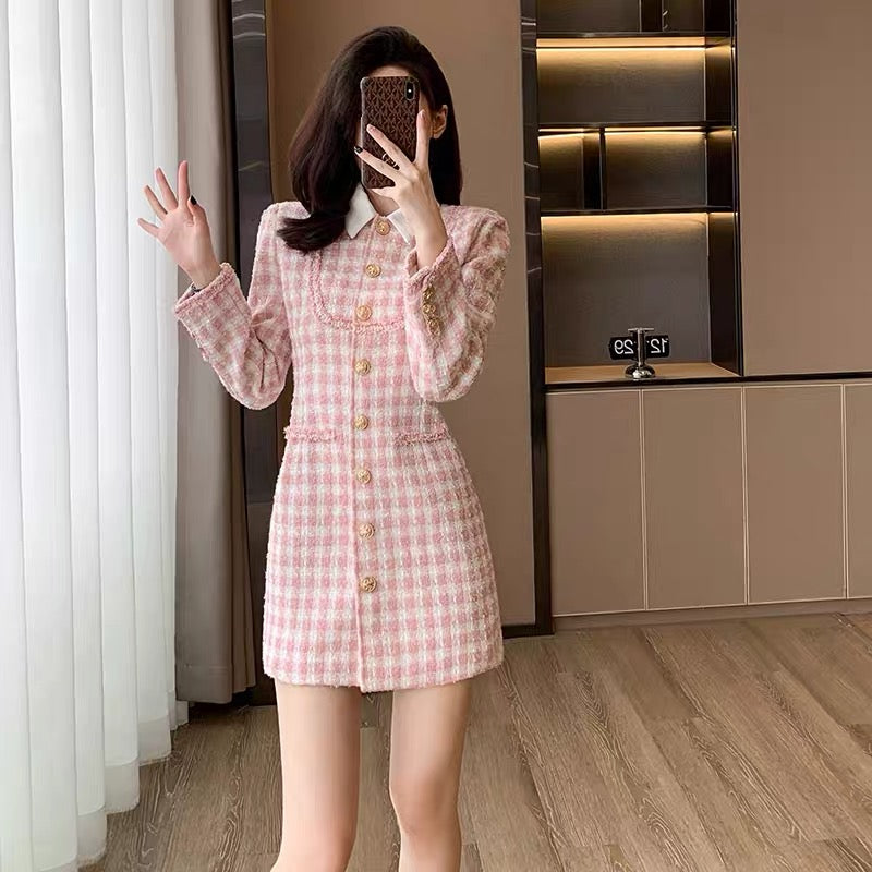Xiaoxiangfeng pink dress for women autumn 2023 new French style high-end temperament high-end light luxury long-sleeved skirt