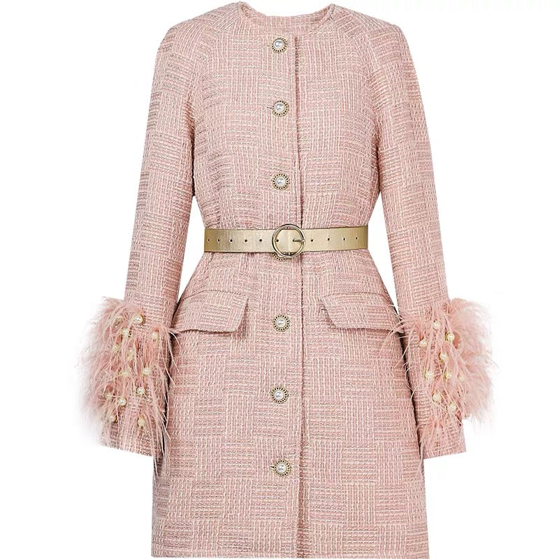 2023 winter new fashion temperament heavy industry beaded ostrich feather down lining tweed down jacket