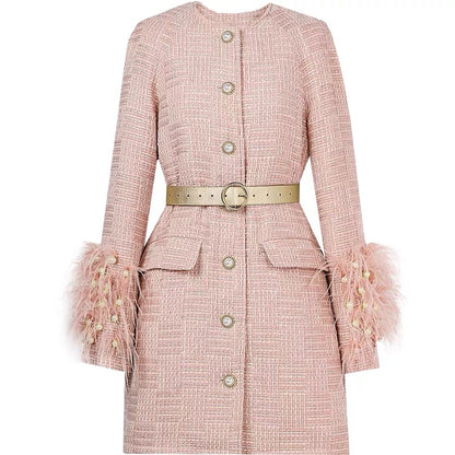 2023 winter new fashion temperament heavy industry beaded ostrich feather down lining tweed down jacket