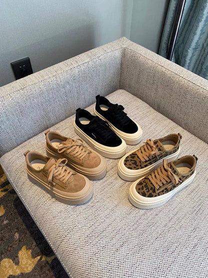 Women's sneakers 2023 autumn new fashion fashion frosted genuine leather lace-up leopard print thick-soled ins casual shoes women's trend (G014)