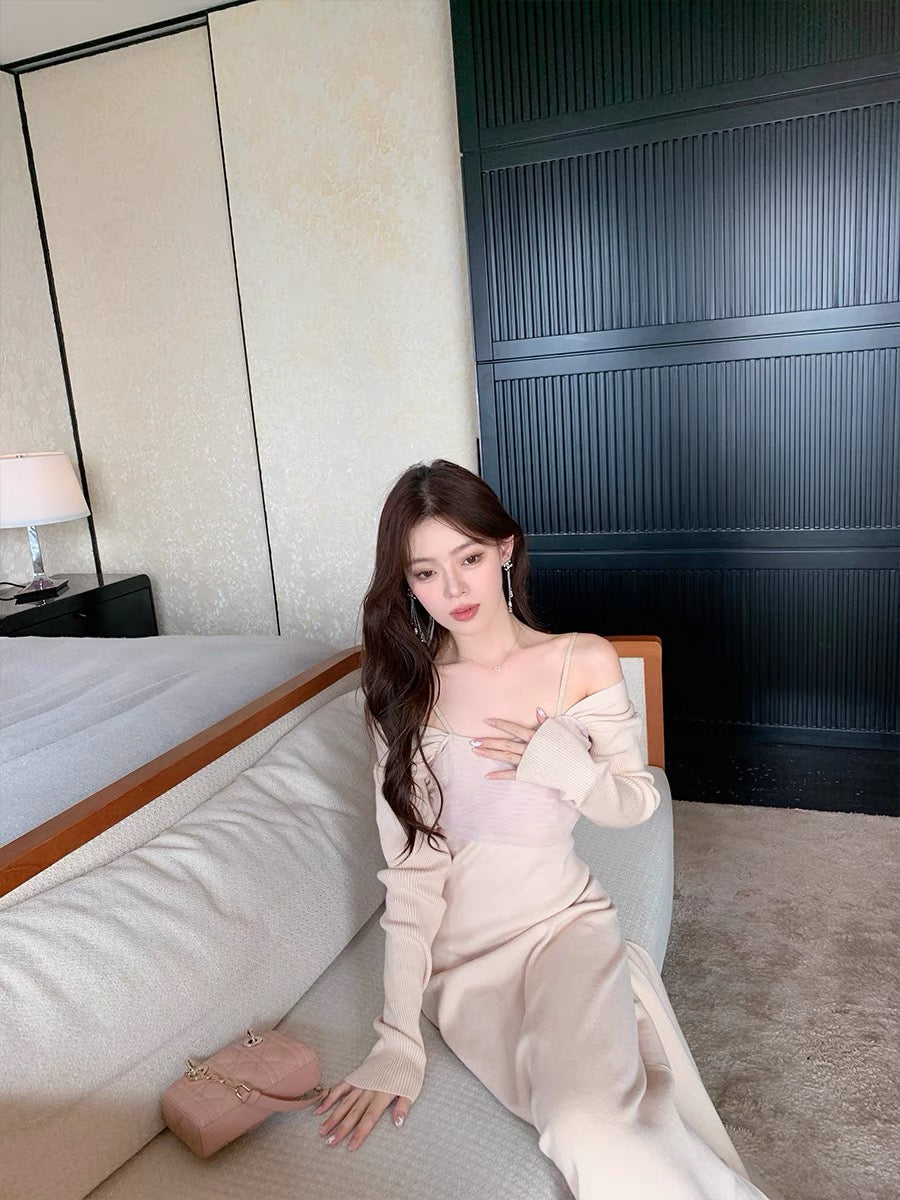 ByYou autumn and winter fairy mesh splicing pink knitted dress mid-length waist slimming skirt