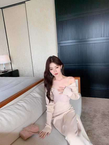 ByYou autumn and winter fairy mesh splicing pink knitted dress mid-length waist slimming skirt