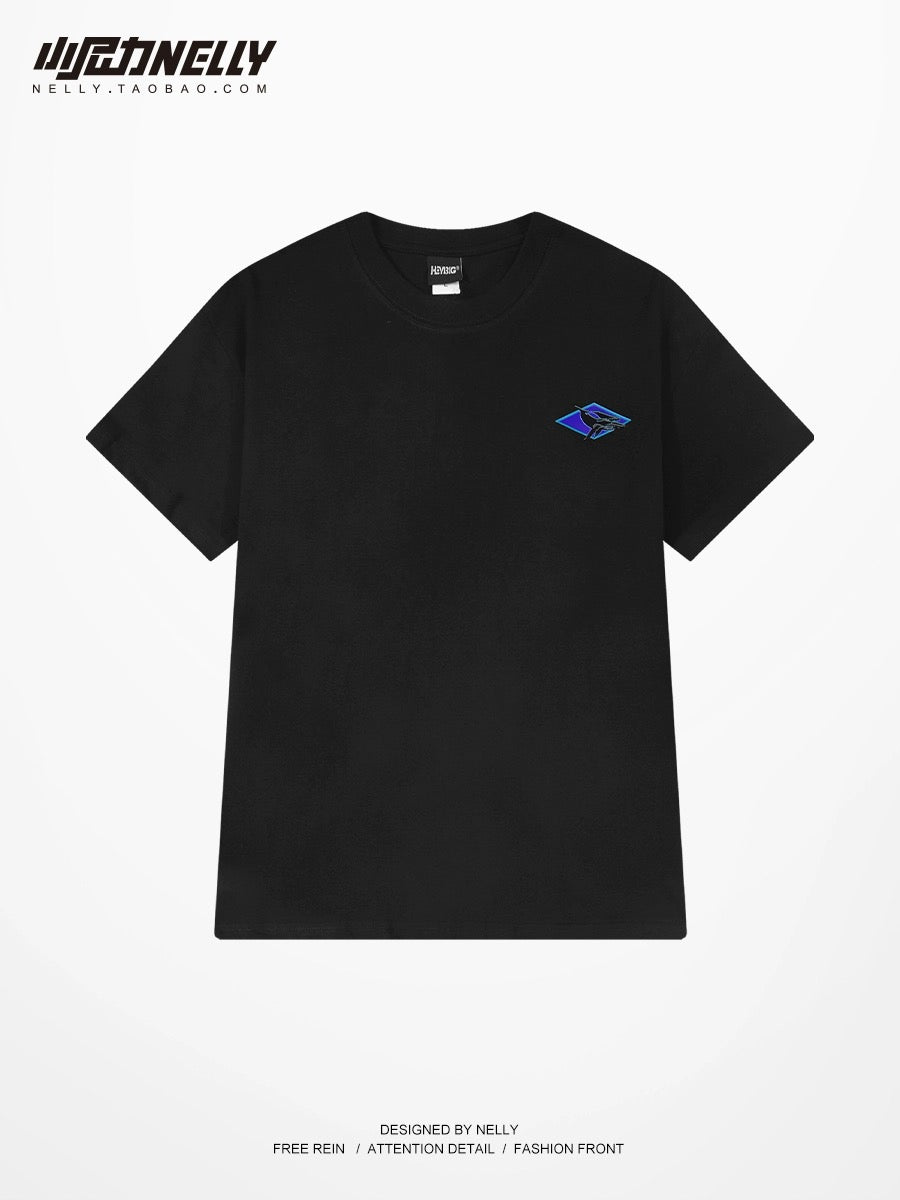 Heavy cotton short-sleeved T-shirt loose design blue whale print men and women summer trendy high street couple short sleeves