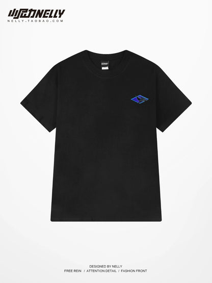 Heavy cotton short-sleeved T-shirt loose design blue whale print men and women summer trendy high street couple short sleeves