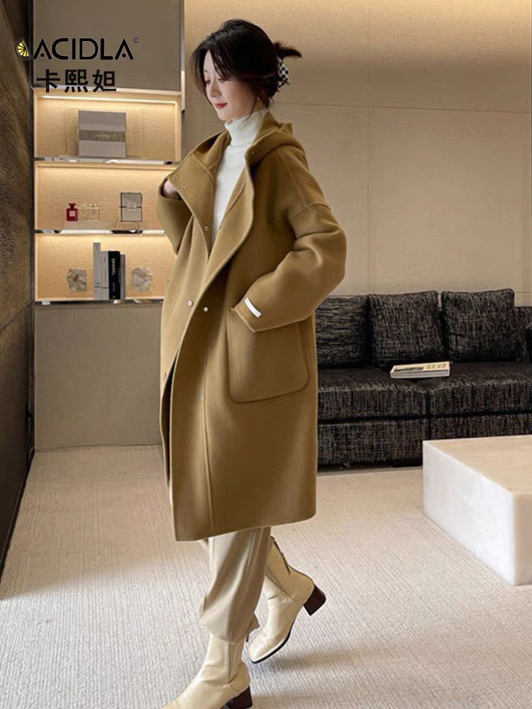 Double-sided woolen cashmere coat women's mid-length woolen coat 2023 autumn and winter new loose hooded wool coat