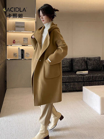 Double-sided woolen cashmere coat women's mid-length woolen coat 2023 autumn and winter new loose hooded wool coat