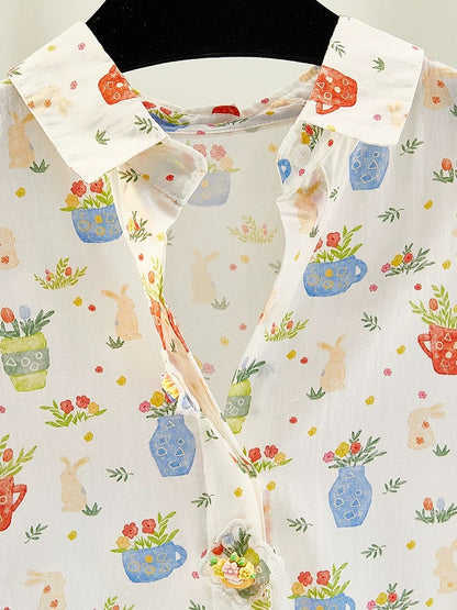 Cartoon vase print tops 2024 summer new short-sleeved ladies cardigan shirt doll collar age-reducing shirt
