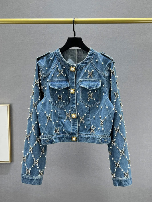 Heavy beaded diamond denim jacket for women 2024 new spring small size slim fit European jacket