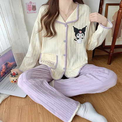 Pajamas women summer cardigan long-sleeved trousers suit summer ladies 2024 new cartoon spring autumn winter home clothes
