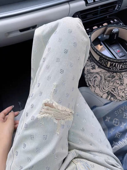 High street niche design sense heavy industry hot drilling hole straight jeans men and women narrow version high waist wide leg mopping pants