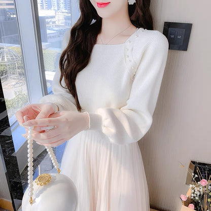 lolita with coat knitted dress women's autumn and winter new temperament goddess style sweater mesh skirt two-piece set