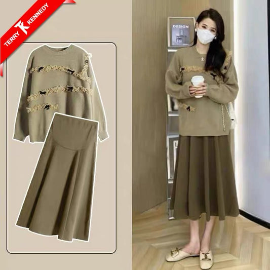 Pregnant women's autumn and winter suits, mid-length sweaters, fashionable maternity clothes, fashionable moms' personalized skirts, and two-piece sets
