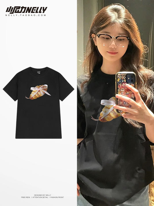 2024 summer new bow croissant bag pure cotton short-sleeved T-shirt men and women casual bottoming shirt half-sleeved summer wear