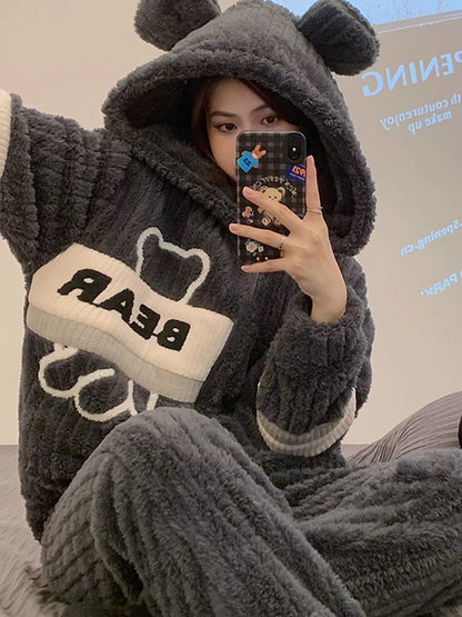 Coral velvet pajamas winter women's hooded zipper can be worn outside home clothes autumn and winter plus velvet thickened flannel