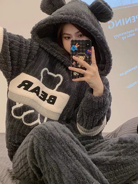 Coral velvet pajamas winter women's hooded zipper can be worn outside home clothes autumn and winter plus velvet thickened flannel