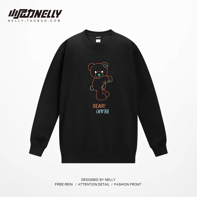 Bear print round neck sweatshirt for men in autumn and winter plus velvet and thickened ins Hong Kong style jacket loose and versatile student top