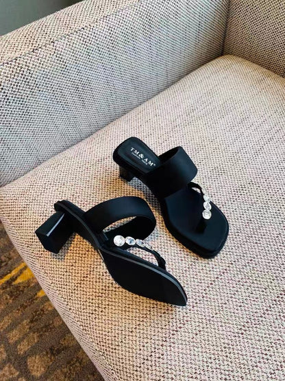 Women's slippers 2023 new summer versatile Korean style temperament silk satin fashion rhinestone flip-flops thick heel sandals for women