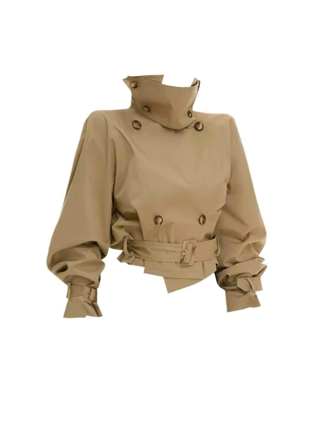 GAOSITONG Women's British-style khaki short trench coat (Autumn 2026): stand collar, drop-shoulder, double-breasted, and lantern sleeves.