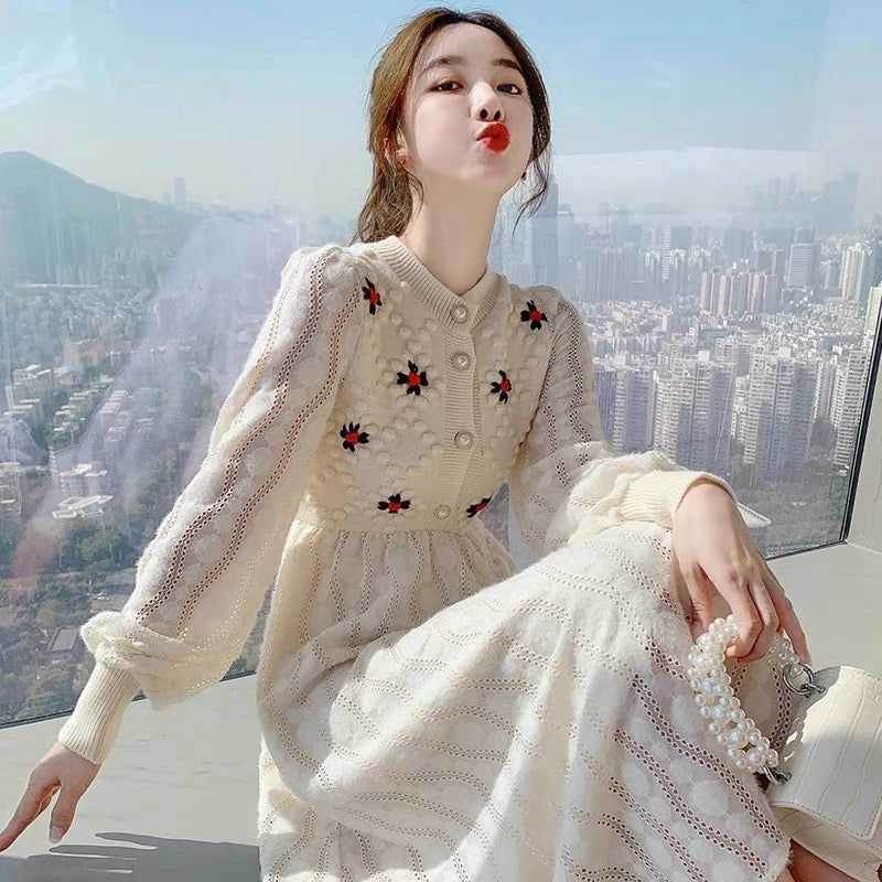 European Station Autumn and Winter New Internet Celebrity Knitted Dress Embroidered Hollow Age Reduction French Retro Bottoming Long Skirt