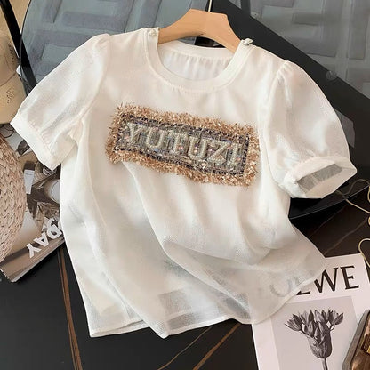 Temperament celebrity heavy industry nail bead letter set 2023 popular ins summer fashion all-match shorts two-piece set