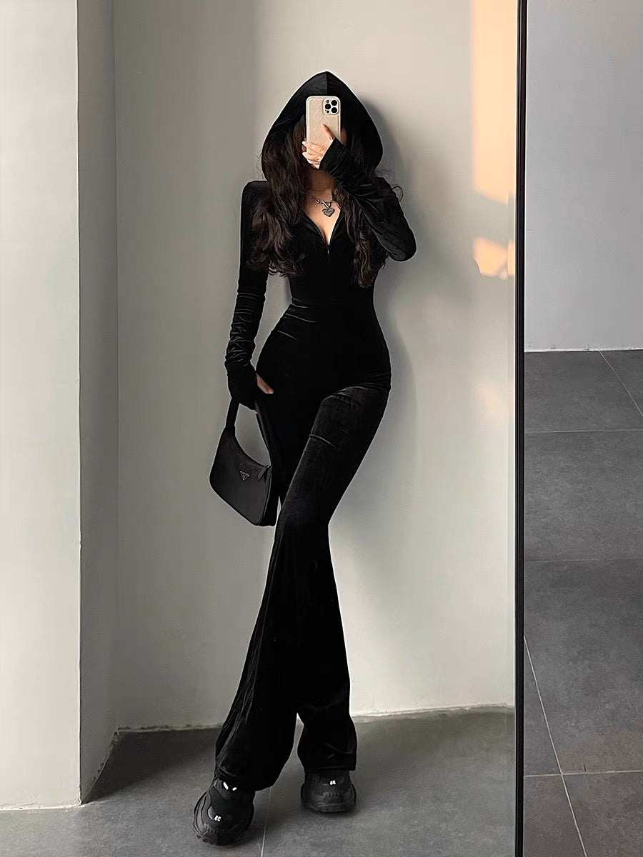 YoungGirlDay European and American style fashionable black velvet slim slim hooded zipper long-sleeved boot-cut jumpsuit (B1814)